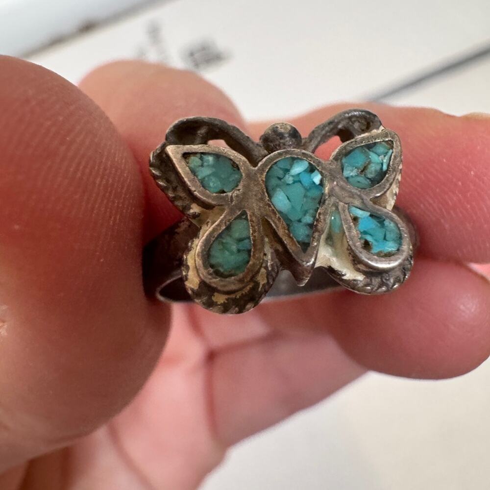 Vintage Native American Silver Turquoise Inlay Butterly Ring Womens 7.5 Estate - Picture 4 of 9